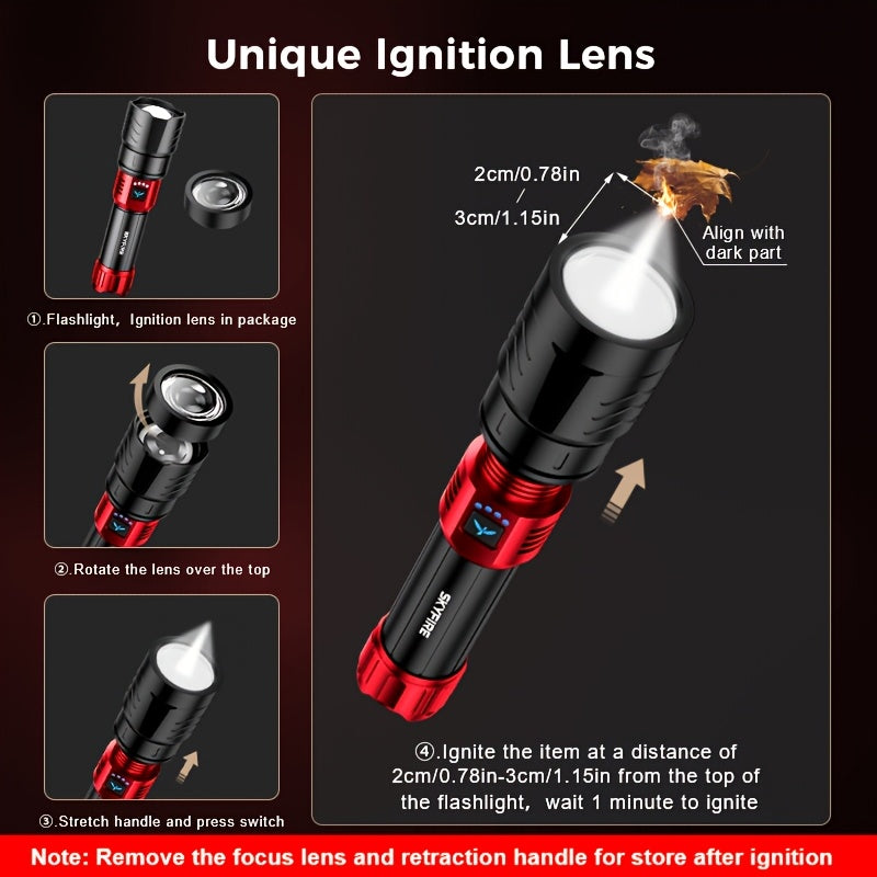 SKYFIRE 5000 Lumen Rechargeable LED Flashlight with Ignition Lens, Adjustable Focus & 4 Modes – Super Bright High-Lumen Tactical Flashlight for Camping, Outdoor, Farm & Emergency Family Use