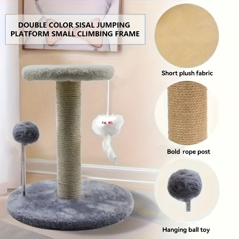 Kitten Climbing Frame, Cat Scratching Post with Hanging Mouse & Spring Ball, Indoor Cat Tree, Scratch Pad Activity Center for Young Cats and Kittens (White/Gray/Brown)