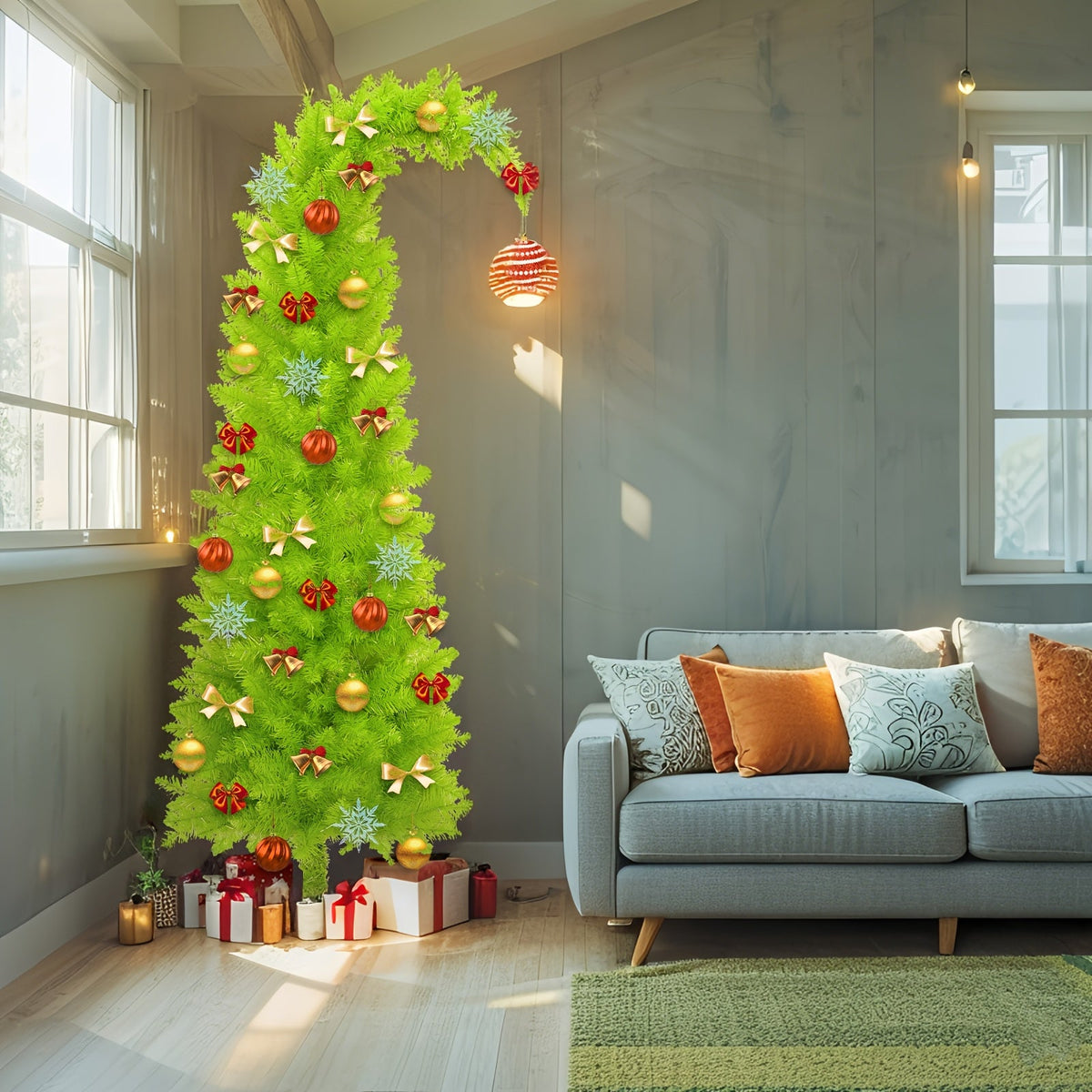 6-Foot Bendable Artificial Christmas Tree with String Lights, Tree Skirt, Christmas Balls & Stand - Shop Window & Party Decoration - Green