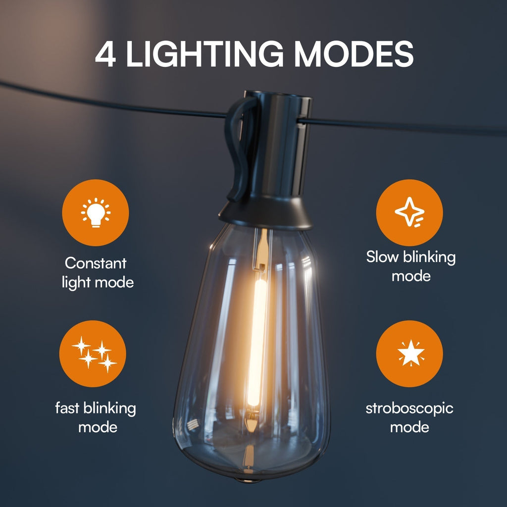 Solar LED String Lights Outdoor Waterproof 50FT & 100FT – ST38 Shatterproof Dimmable Bulbs, USB-C & Solar Powered, 4 Modes, for Patio, Yard, Pool, Garden, Wedding, Camping, and Christmas Decor