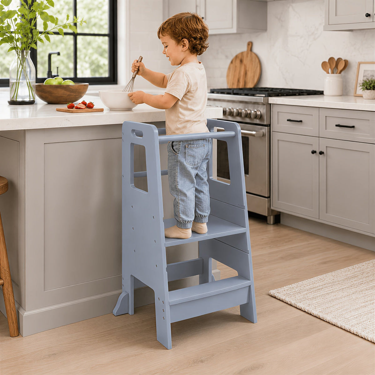 3-Level Adjustable Wooden Kitchen Step Stool with Safety Rail & Anti-Tip Support for Kitchen & Bathroom – White Black & Grey