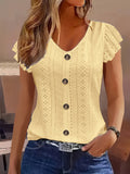 Eyelet Embroidery Button-Front V-Neck Cap Sleeve Top Women's Solid Color Casual Summer Shirt Breathable Lightweight Blouse S-XXL Multiple Colors