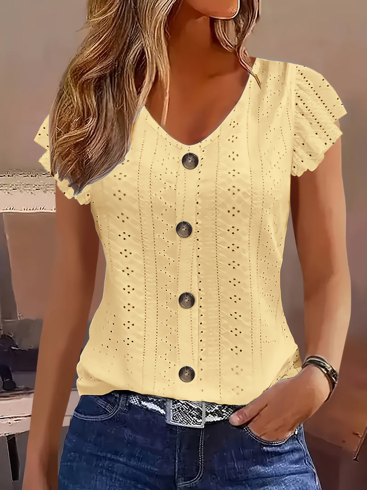 Eyelet Embroidery Button-Front V-Neck Cap Sleeve Top Women's Solid Color Casual Summer Shirt Breathable Lightweight Blouse S-XXL Multiple Colors