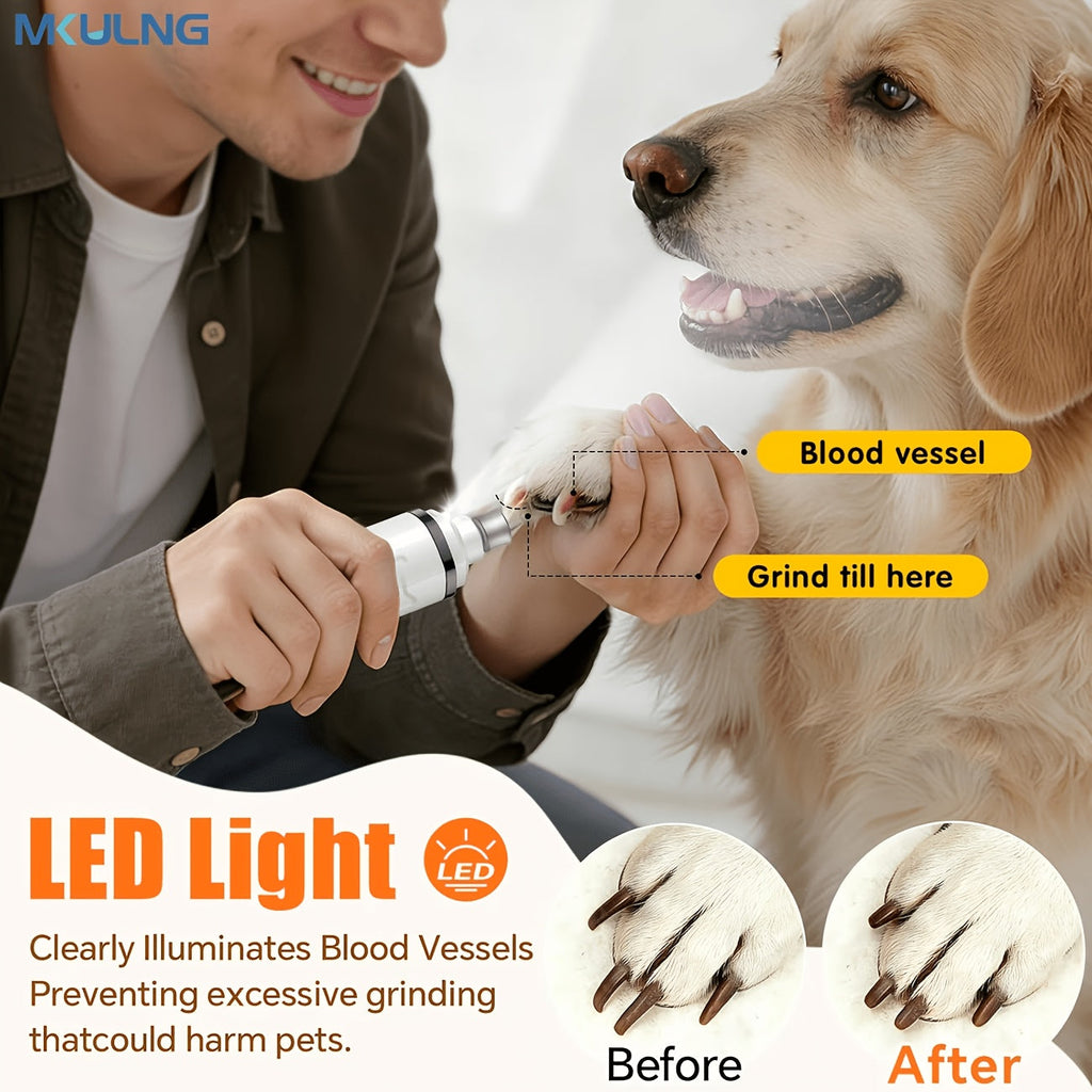 Quiet Dog Nail Grinder with LED Light – Upgraded 3-Speed Rechargeable Electric Pet Nail Trimmer & Grinder Kit, Painless Paw Grooming for Small, Medium, and Large Dogs & Cats