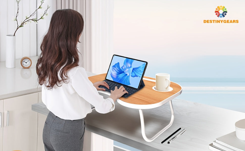 Laptop Desk with USB Port, Storage Drawer & Cup Holder – Walnut Wood Bed Tray Table for Eating, Writing, Sofa, Couch, Adults, and Students