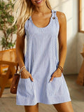 Women's A-Line Casual Striped Knee-Length Summer Dress with Pockets, Machine Washable, Round Neck, Everyday Fashion, Structured Texture, Multicolor