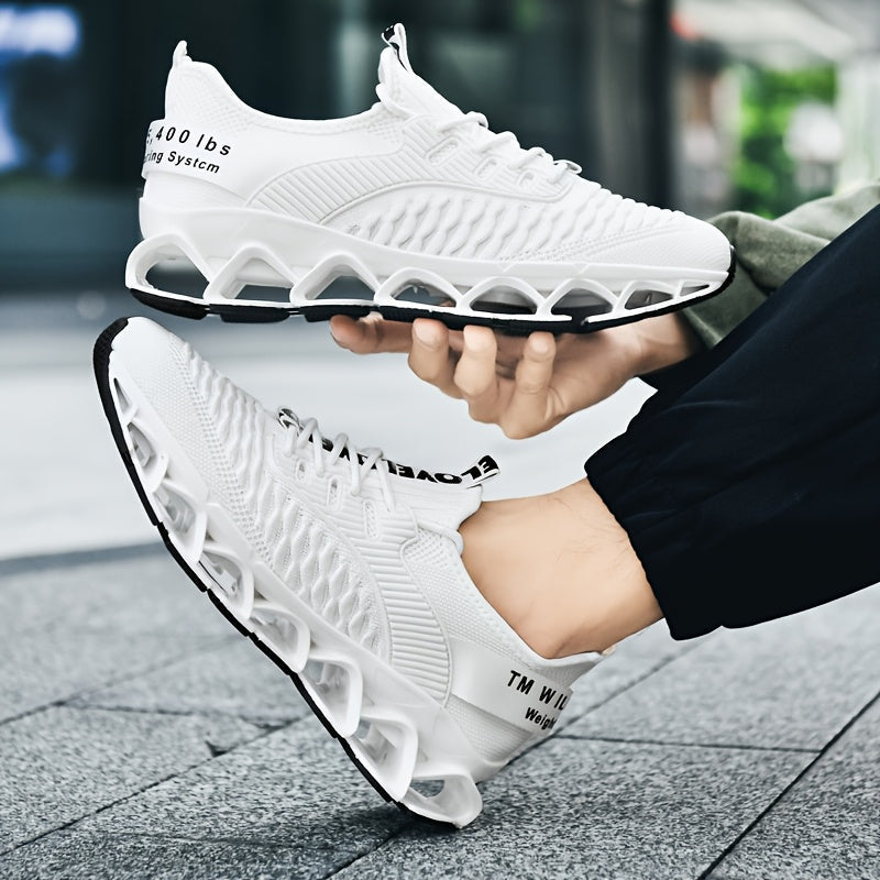 Men's Breathable Running Shoes, Lightweight Fish Scale Fabric Upper, Durable Outsole, Low-Top for Running, Hiking, Walking, Casual Sports, White/Black, US 7-13.5