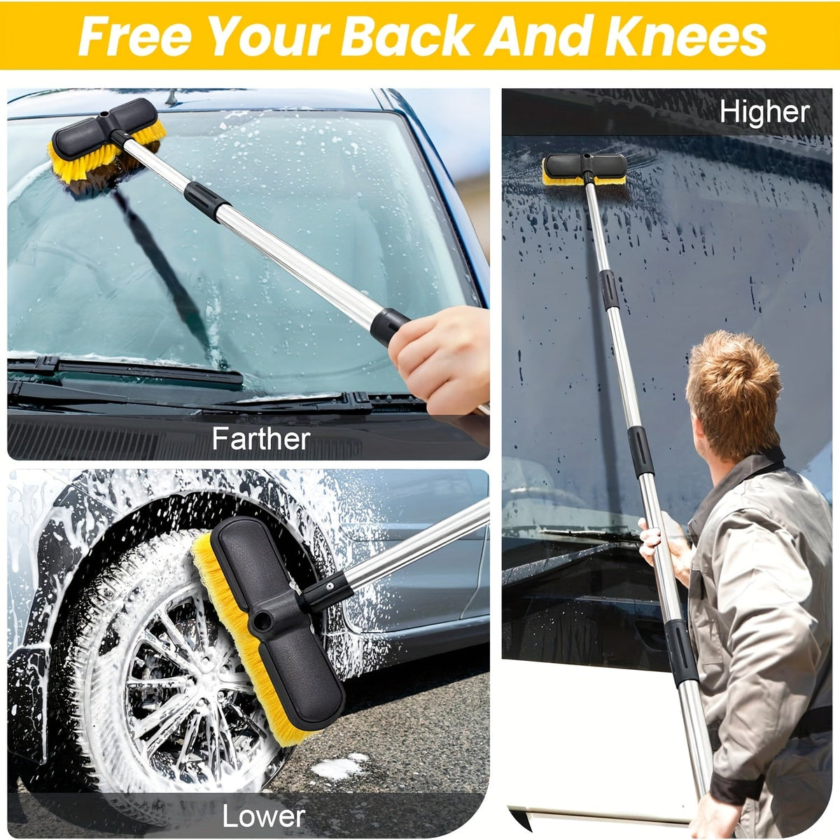 69-Inch Car Wash Brush with Long Handle, 8-Piece Car Wash Kit – Tire Brush, Window Squeegee, Chenille Microfiber Mitt, Detailing Brushes for Car, Truck, SUV, RV – Extendable Car Cleaning Supplies