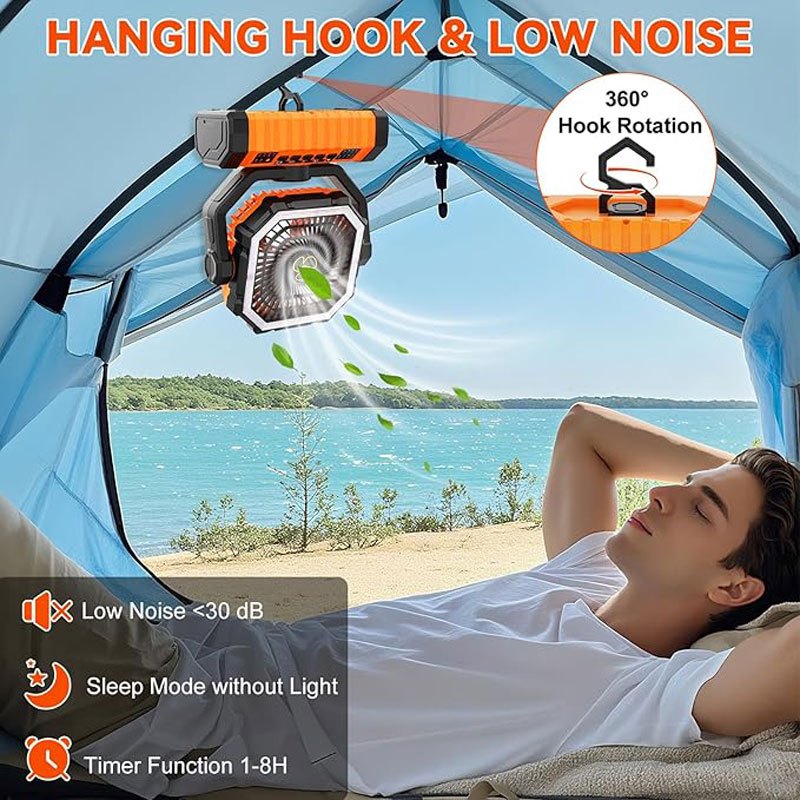 20000mAh Camping Fan with LED Lantern, Rechargeable Oscillating Fan with 4 Speeds and Timer – Portable Tent Fan for Outdoor Camping, RV, Jobsite, and Power Outages