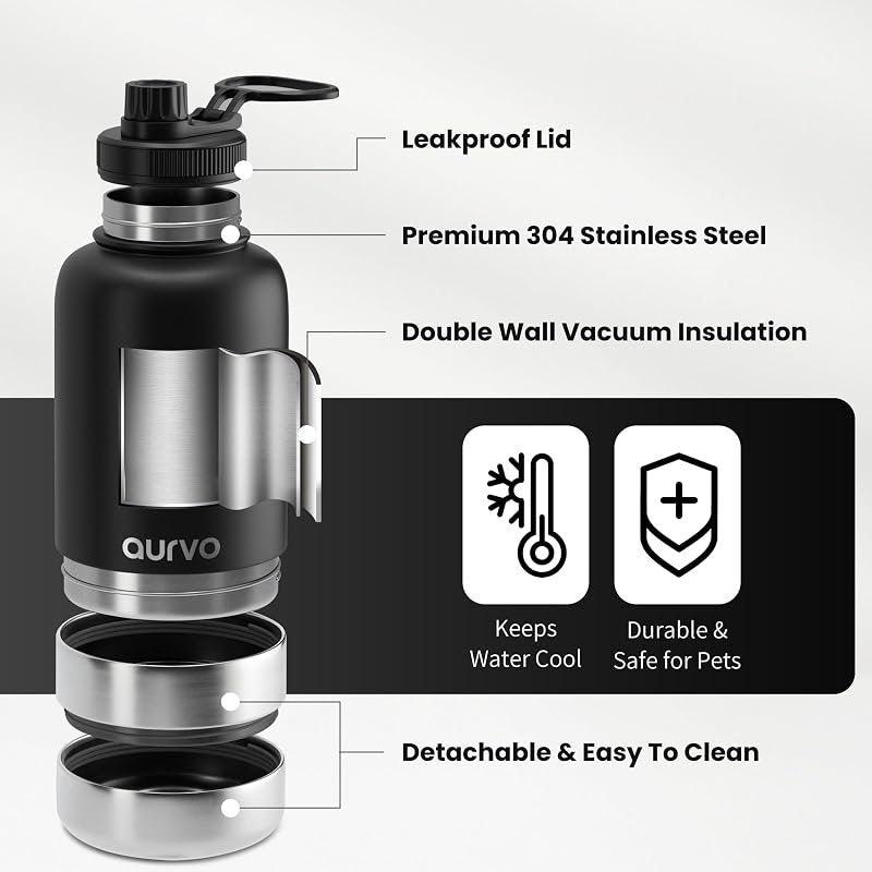 32oz Dog Water Bottle with Bowl - Leakproof Insulated Stainless Steel Portable Travel Pet Water Bottle for Hiking, Camping, Outdoor Walking - Dog Travel Water Dispenser