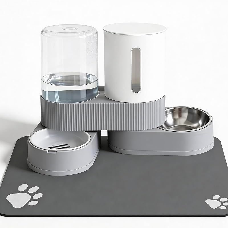 Gravity Cat Feeder 2 Pack - Automatic Food Feeder and Water Dispenser Set with Detachable Pet Bowl & Silicone Mat for Cats, Small to Medium Dogs, Large Capacity Gravity-Fed No Electricity Needed Pet Feeding Station