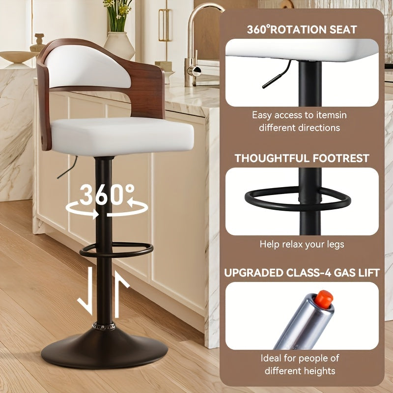 Swivel Bar Stools Set of 4 with PU Leather Upholstered Seat, Wooden Back & Footrest, Counter Height Bar Chairs for Kitchen Island and Dining Room, Black Brown Green White