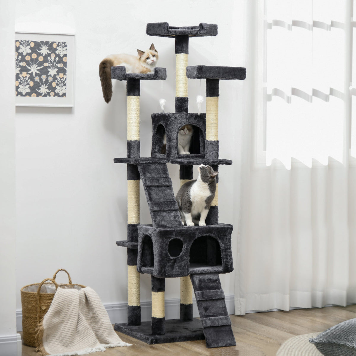 68-Inch Multi-Level Cat Tree Tower with 2 Condos, Sisal Scratching Posts, Plush Perches, Ladders & Dangling Toys, Sturdy Particle Board Base, for Cats up to 10 lbs, 19.3"x19.3"x68.1"