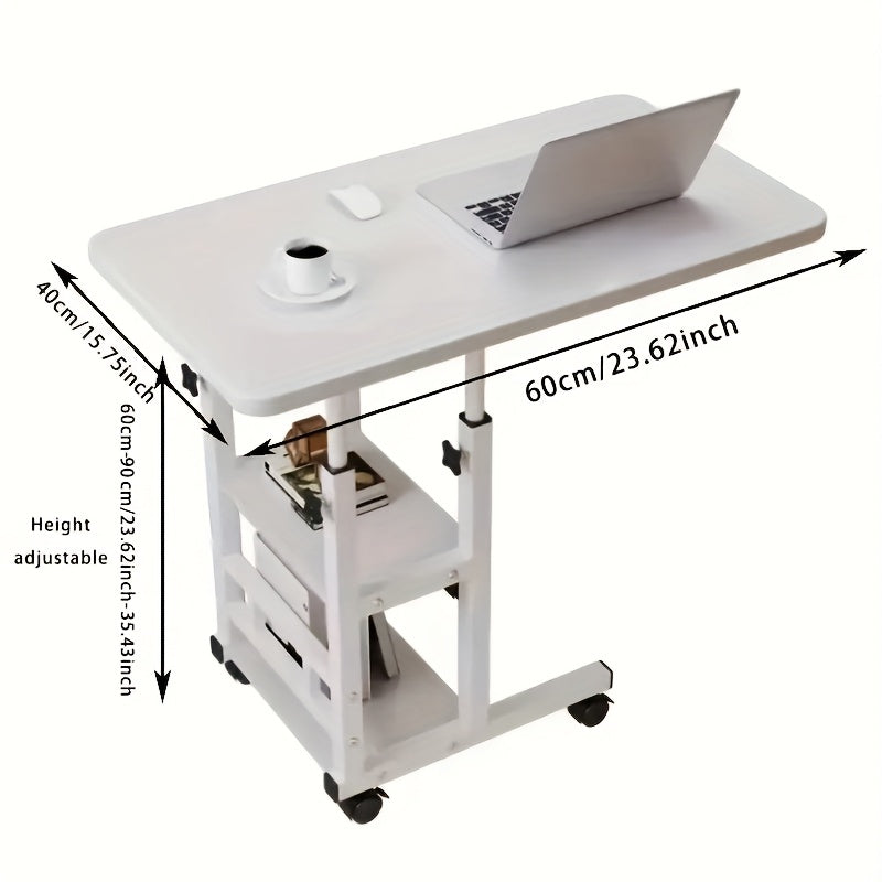 Height Adjustable Rolling Laptop Table with 4 Wheels & Dual Shelves – Mobile Workstation Desk for Bedside, Dorm, Office, and Living Room, Sturdy Steel Frame, Space-Saving Design