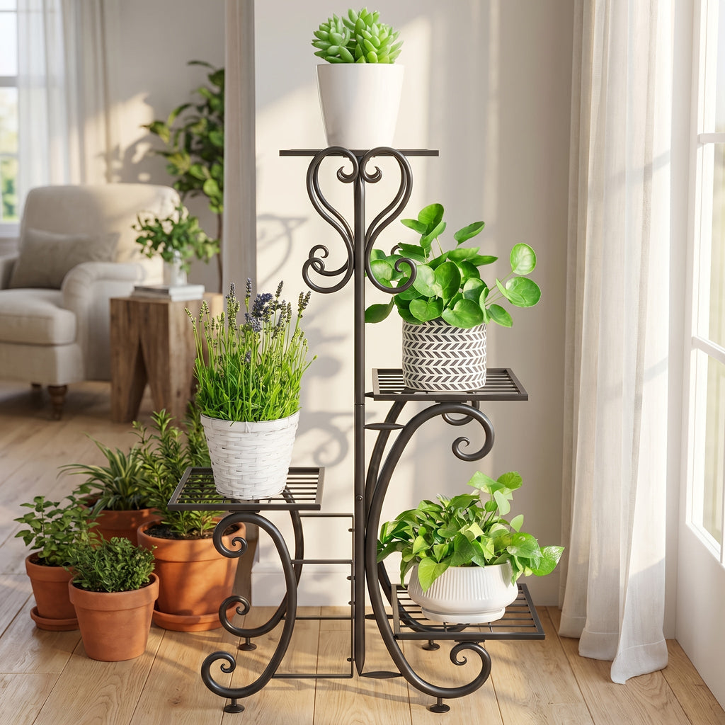 4-Tier Metal Plant Stand, Indoor/Outdoor Wrought Iron Corner Flower Pot Holder, Display Rack Organizer for Garden, Patio, Balcony, Lawn, Office, Black