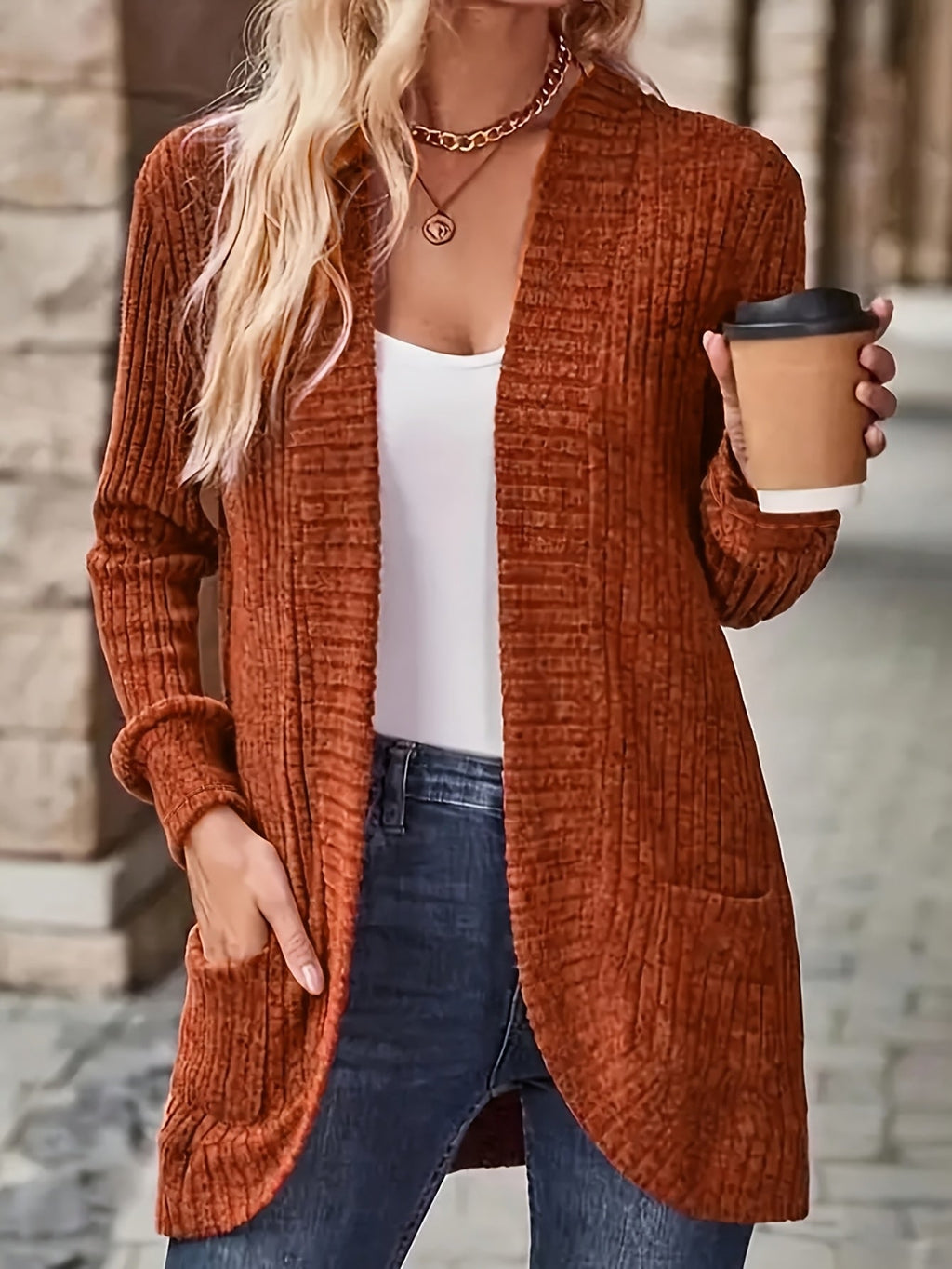 Women's Open Front Cardigan Jacket with Pockets, Long Sleeve Solid Color Casual Knit Coat, Light Grey/Black, S M L XL, Lightweight Layering Outerwear