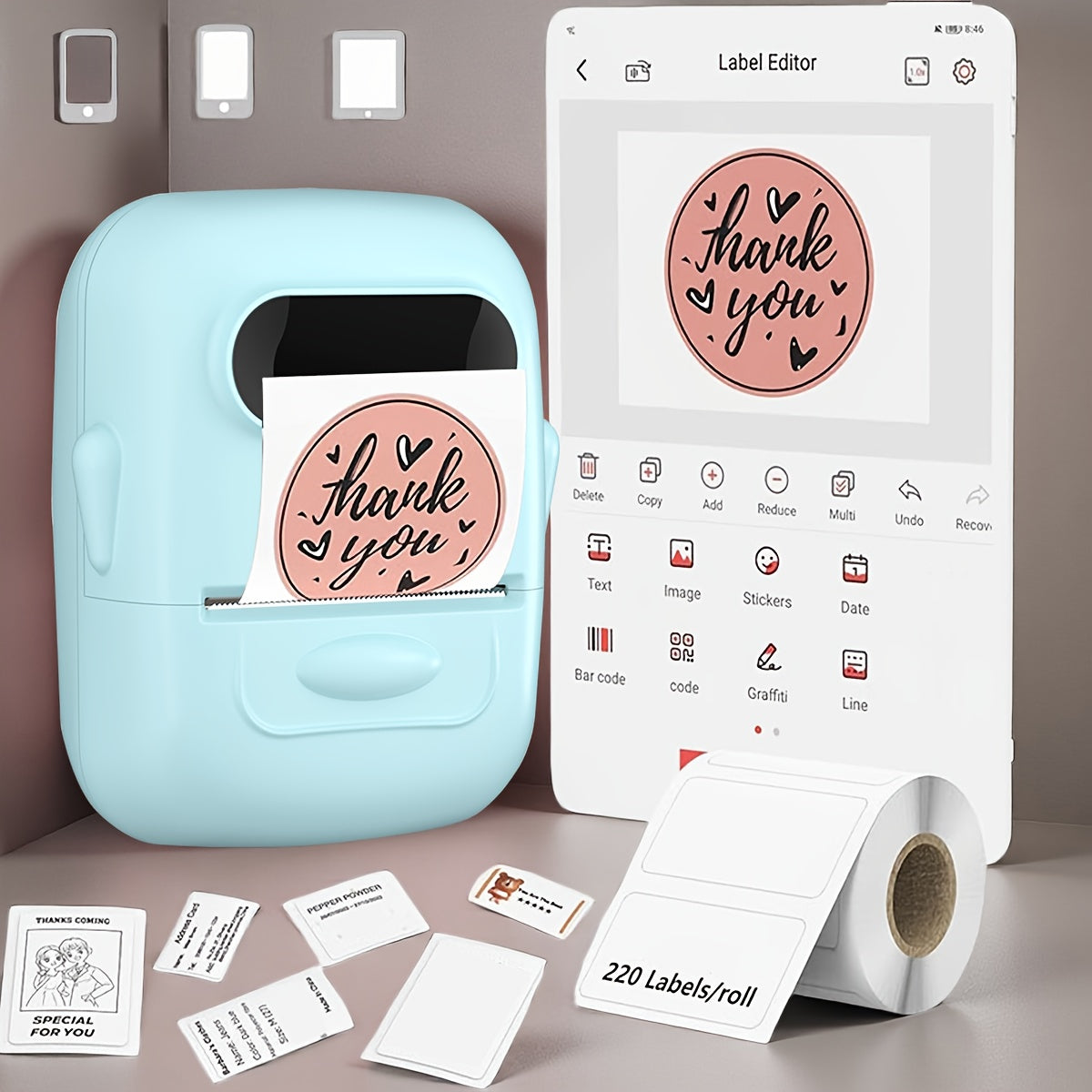 Wireless Thermal Label Maker – No Ink Required, Multiple Templates, Bluetooth Label Printer for Storage Organization, Home, Office, and School Supplies, Pink, White, Blue