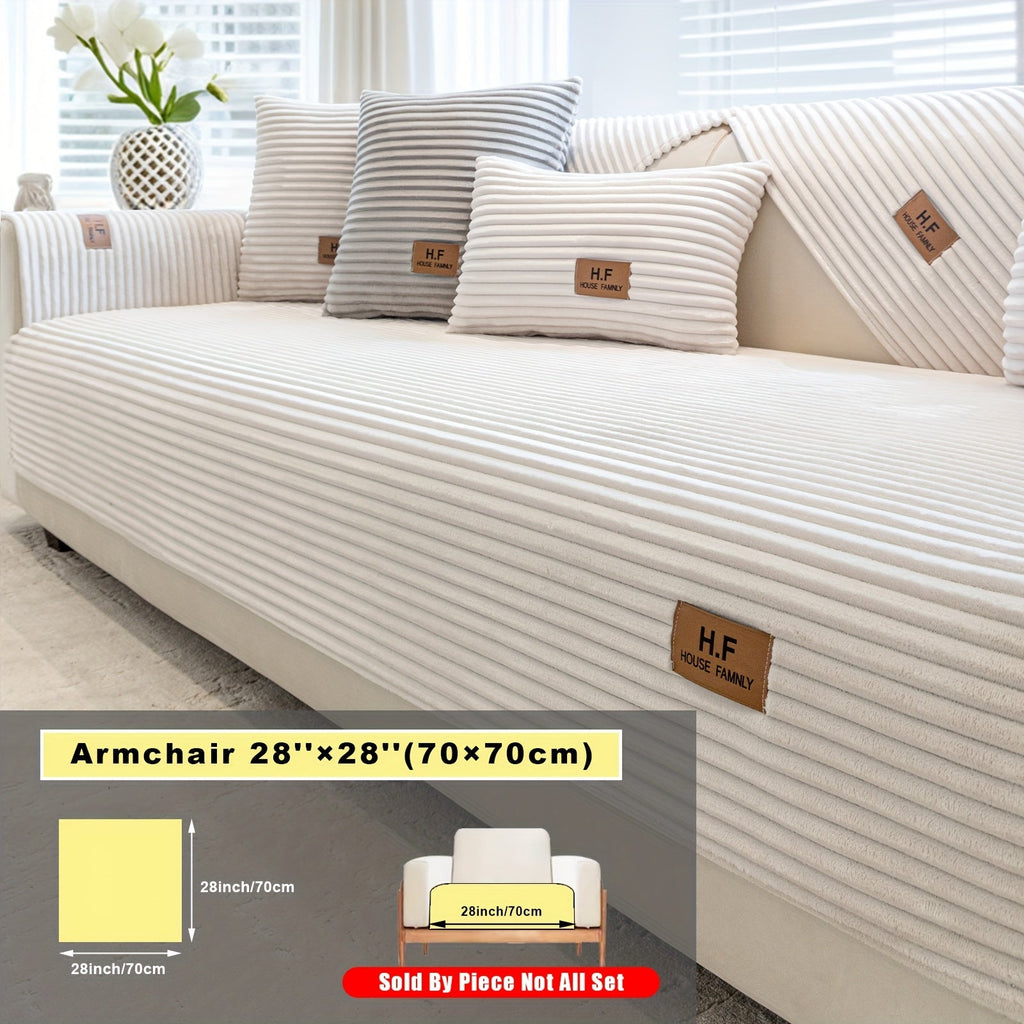 Short Plush Striped Sofa Cover & Cushion - All-Season, Pet-Friendly & Non-Slip - Armchair, Loveseat, 3/4/5-Seater, Backrest, Armrest & Pillowcase - White, Dark Gray, Light Gray, Coffee & Blue