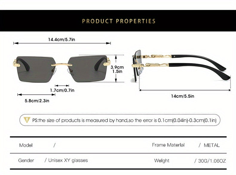 Unisex Luxury Frameless Sunglasses with Leopard Print Temples - UV400 Narrow Rectangular Lens Black & Gold Fashion Eyewear for Men & Women, Includes Protective Case & Cleaning Cloth for Driving, Travel & Parties