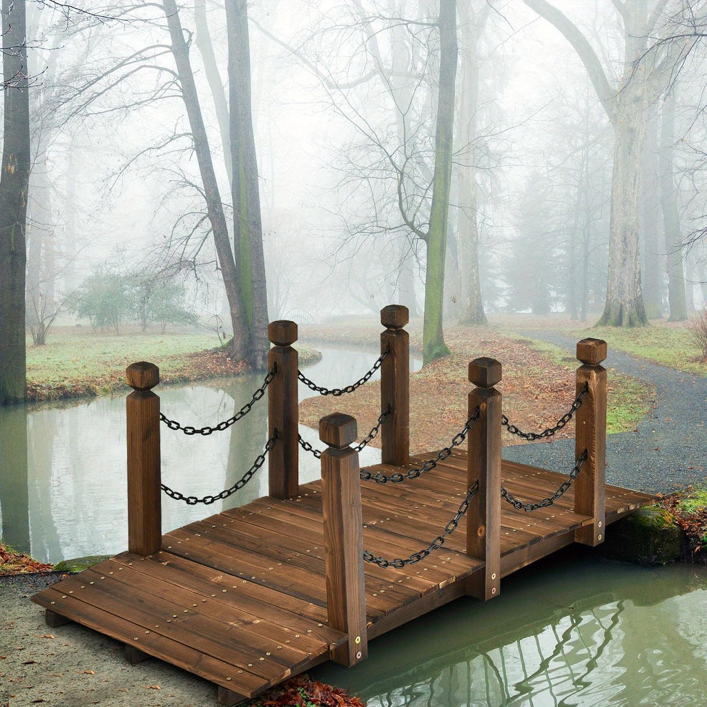 5 Ft Wooden Garden Arc Footbridge, 500 Lb Capacity, Half-Wheel Rails & 6 Pillars, Stained Fir Wood, for Garden, Creek, Backyard & Farm Walkway