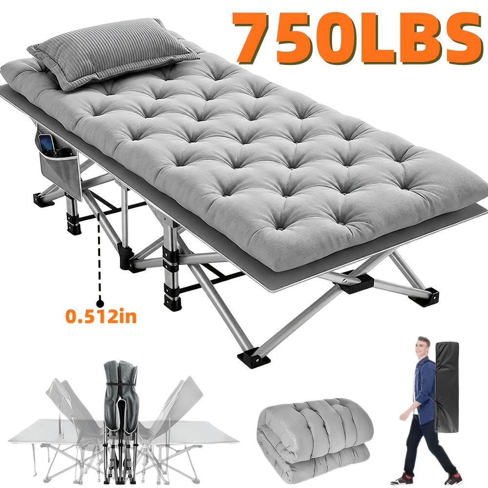 超大折叠床（含床垫）——67/75英寸重型露营折叠床，承重750磅，成人便携式折叠客床，适用于旅行、露营，灰色与黑色