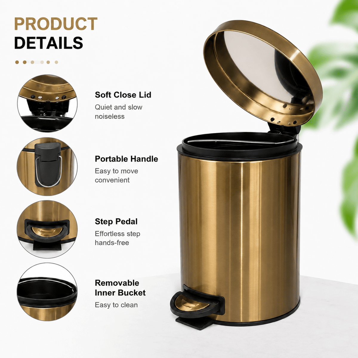 2-Pack 5L Stainless Steel Small Round Pedal Trash Can – Soft Close Lid Foot Pedal & Inner Bucket for Bathroom Kitchen Bedroom Office & Living Room in Gold