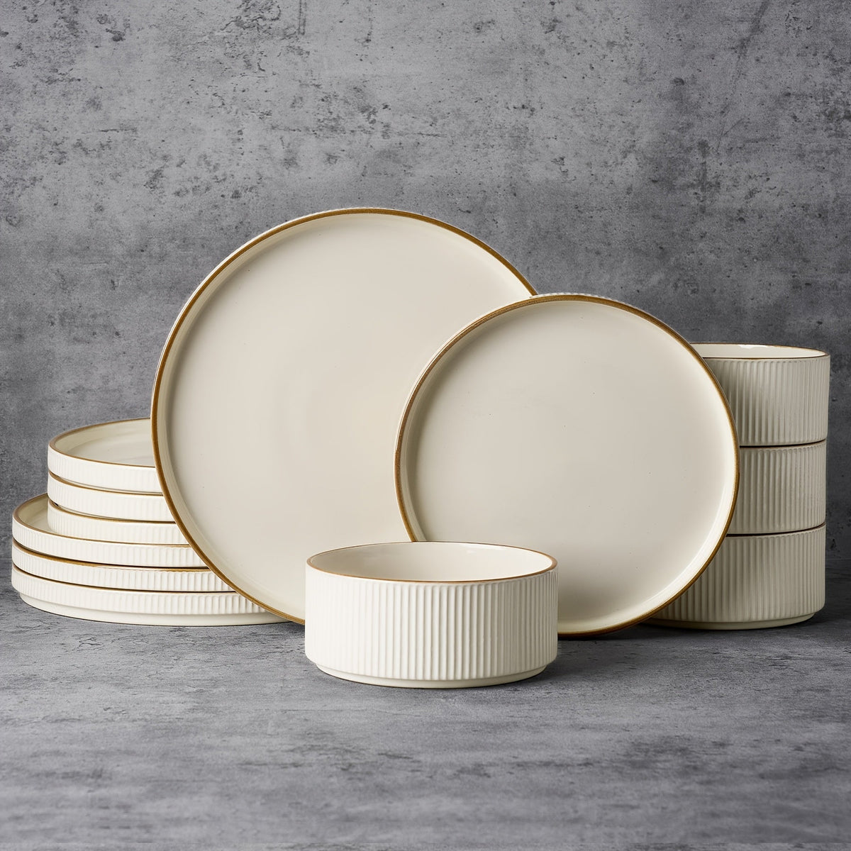 12-Piece Stoneware Dinnerware Set for 4 – Reactive Glaze Raised Stripe 10" Dinner Plates 8" Salad Plates & 5.5" Cereal Bowls Microwave & Dishwasher Safe in Cappuccino & Vanilla White