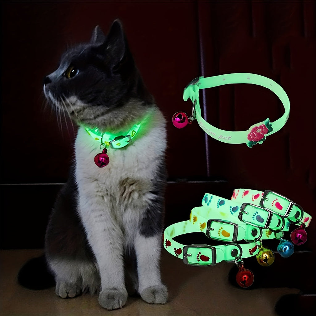 4-Pack Glow in the Dark Cat Collars with Bell, Night Safety Reflective Glowing Collars for Outdoor Cats, Blacklight Reactive, Mixed Colors, One Size Fits Most