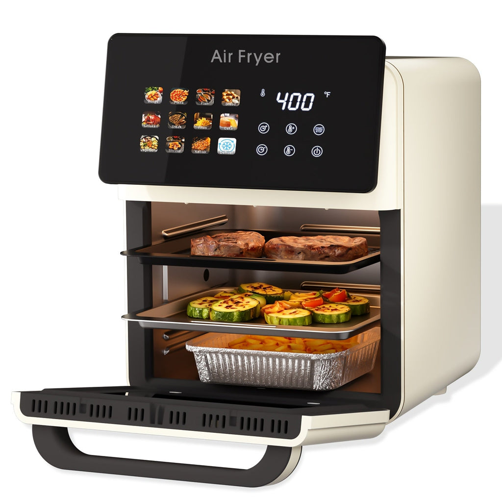 Air Fryer Oven 10Qt 12-in-1 Smart Convection – Glass View Window Nonstick Basket Touchscreen Controls for Kitchen in Cream White & Black