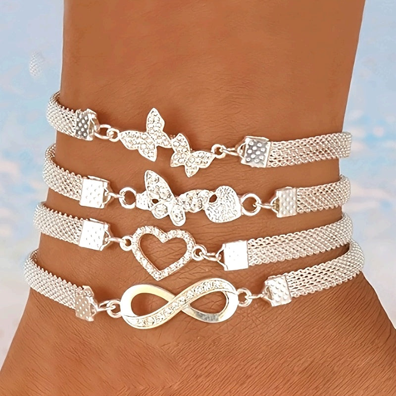 925 Silver Butterfly Infinity Anklet Set (4pcs) – Stackable Foot Chain Bracelet for Women, Elegant Summer Jewelry, Mother's Day & Birthday Gift