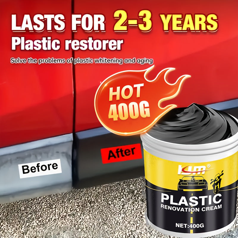 Car Plastic & Rubber Repair Cream All-in-One Trim Restorer Scratch Remover Tire Shine Wax, Anti-Cracking Anti-Aging Formula for Interior & Exterior Car Detailing, Includes Sponge