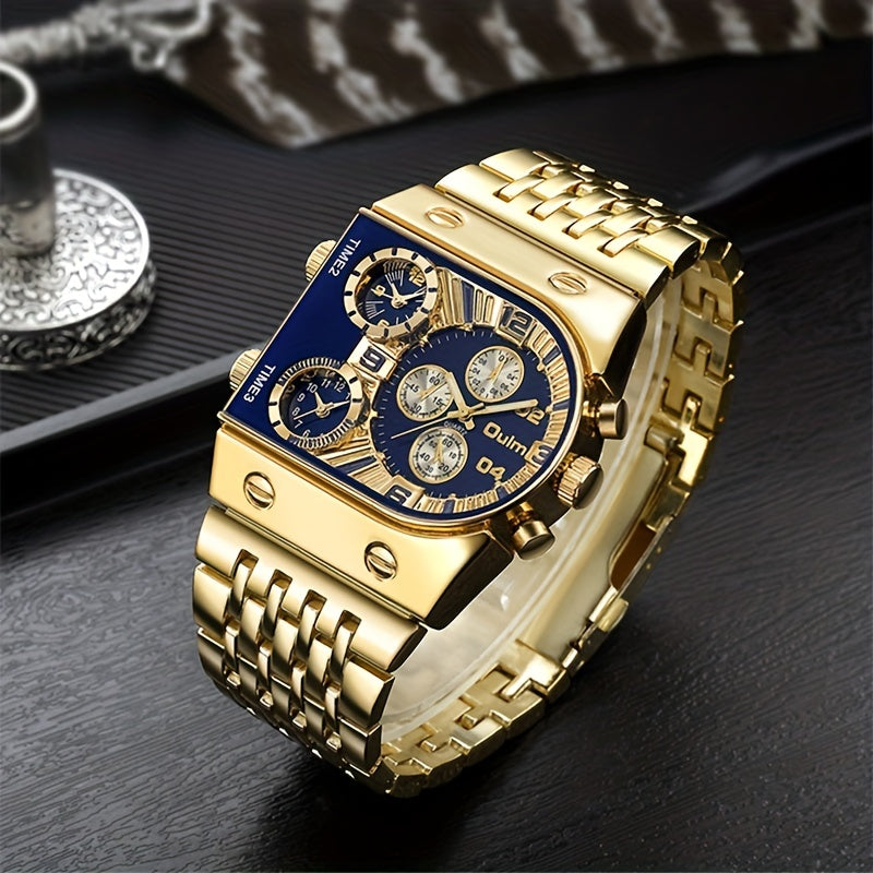 Oulm Men's Multi-Time Zone Large Dial Stainless Steel Business Quartz Watch, Dual Display, Black and Blue, Gift for Him