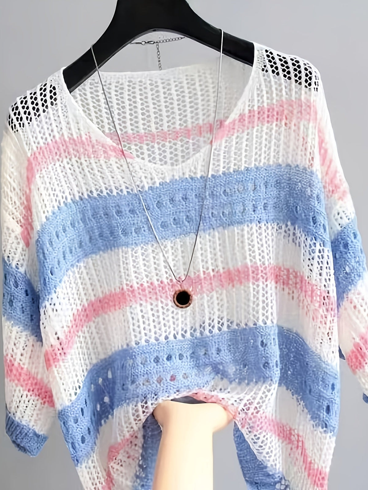 Women's Hollow Out Half Sleeve Beach Cover Up, Elegant Loose Swimsuit Cover Up, Summer Vacation Boho Tunic Top, Light Purple, White, Cyan, Black, S, M, L, XL