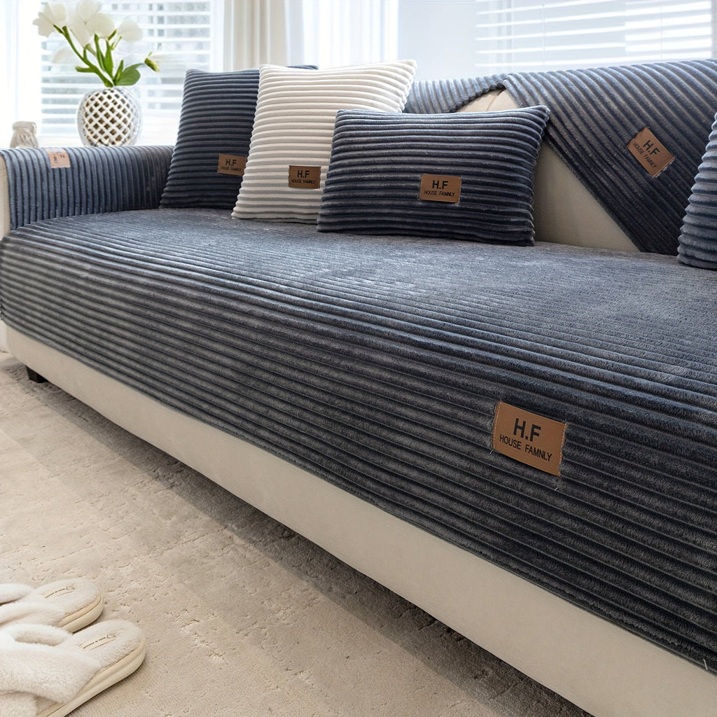 Short Plush Striped Sofa Cover & Cushion - All-Season, Pet-Friendly & Non-Slip - Armchair, Loveseat, 3/4/5-Seater, Backrest, Armrest & Pillowcase - White, Dark Gray, Light Gray, Coffee & Blue