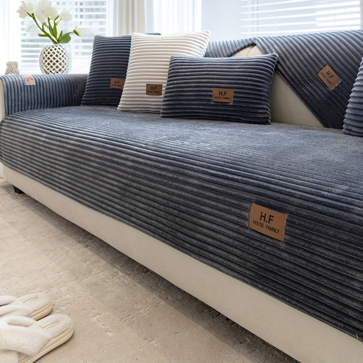 Short Plush Striped Sofa Cover & Cushion - All-Season, Pet-Friendly & Non-Slip - Armchair, Loveseat, 3/4/5-Seater, Backrest, Armrest & Pillowcase - White, Dark Gray, Light Gray, Coffee & Blue