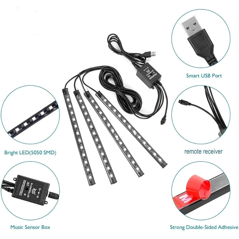 Car LED Neon Interior Light Strips USB Powered – High Brightness Automotive Ambient Lighting Kit, Footwell Neon Accent Lights, Interior Mood Lights