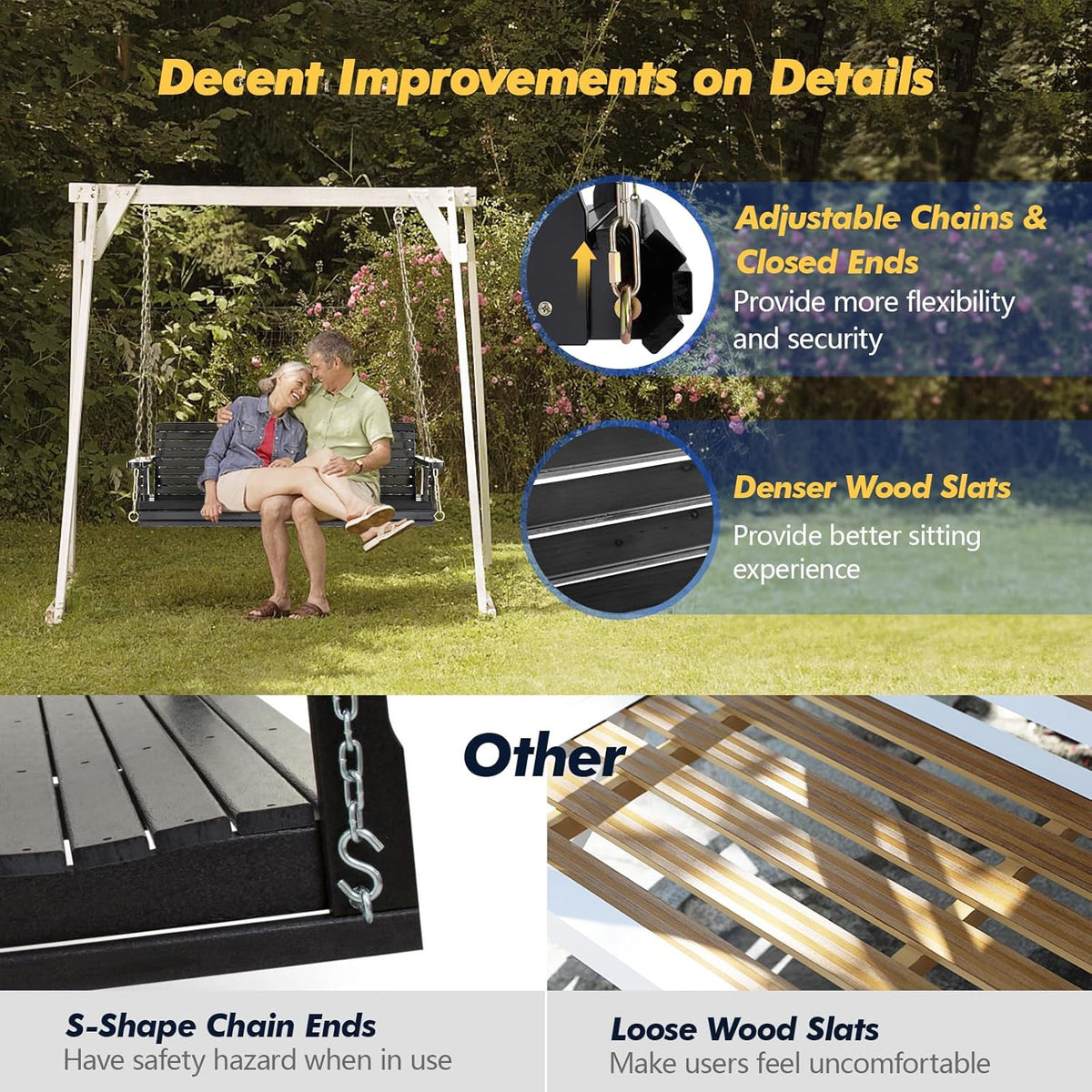 Wooden Porch Swing 880LBS Heavy Duty Ergonomic Curved Seat Adjustable Chains Well-Coated Surface for Patio Garden Courtyard Outdoor Hanging Bench 4FT 5FT Brown Natural