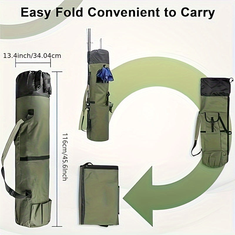Large Capacity Folding Durable Fishing Rod Bag, Multifunctional Gear Carrier Case with Two Lead Weights, Fits Multiple Rods, Tackle Organizer for Freshwater and Saltwater Fishing