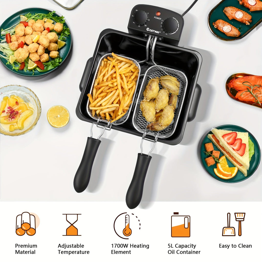 Electric Deep Fryer 5.3Qt/21-Cup with Triple Baskets, 1700W Stainless Steel, Adjustable Temperature 302°F-374°F, 60-Min Timer, View Window Lid, Cool-Touch Handles, Anti-Slip Base, Home Kitchen