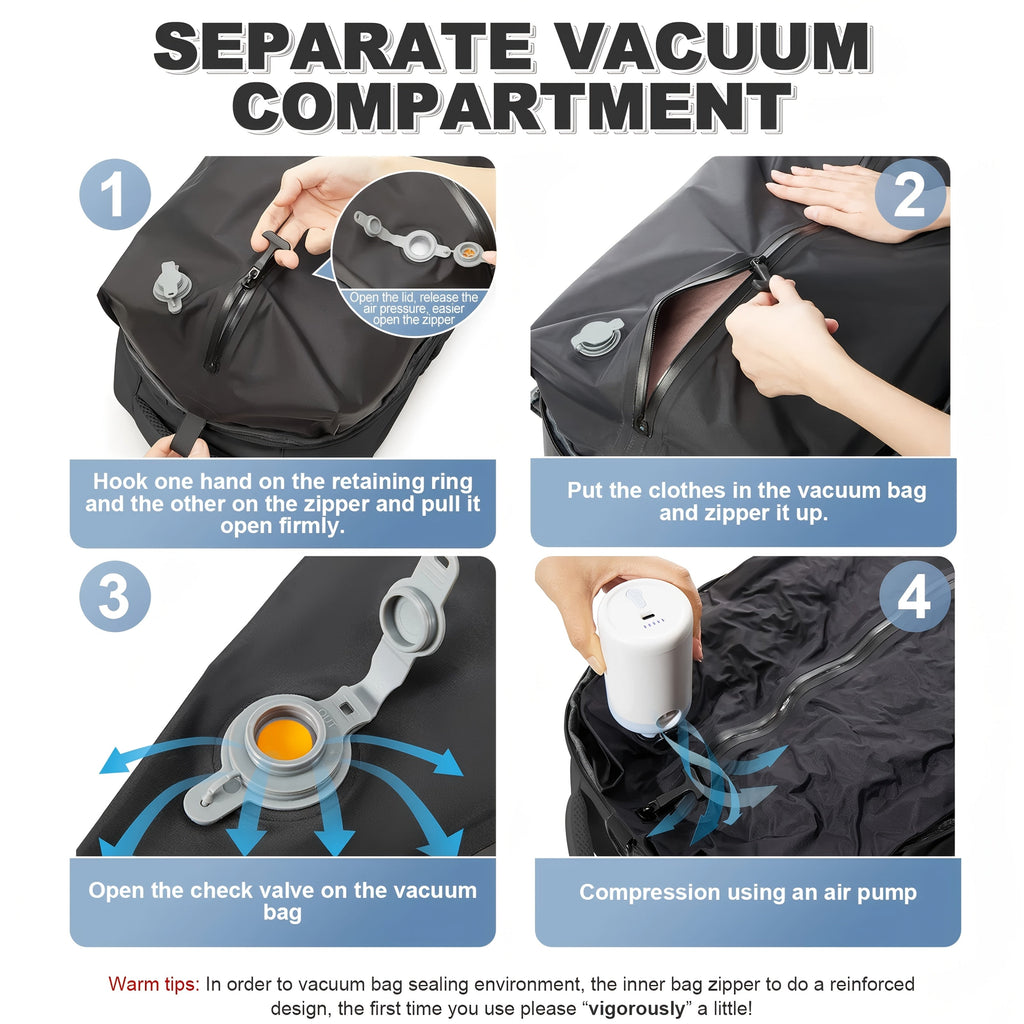 Vacuum Seal Travel Backpack with Air Pump – Expandable Large-Capacity Compression Space-Saver Laptop Carry-On Bag, Oxford Cloth for Men and Women, Hiking, Camping, and Travel