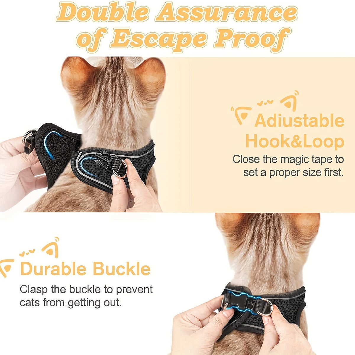 Escape Proof Cat Harness and Leash Set for Walking - Adjustable Reflective Soft Mesh Vest for Cats, Kittens, and Small Dogs, S/M, Black/Grey, Comfortable Outdoor Adventure Pet Gift