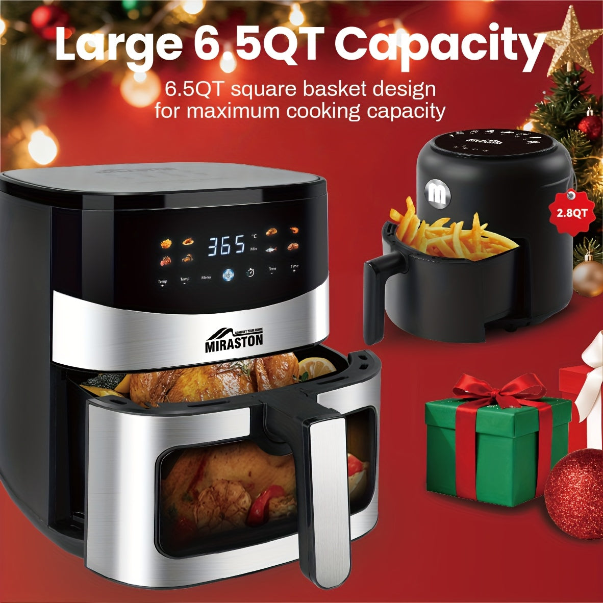 Smart Touch Screen Air Fryer - 2.8QT & 6.5QT, Color Icon Display, Viewable Window, 8 Presets & Manual Adjustments, 1500W, Dishwasher-Safe - Family & Party Kitchen Appliance