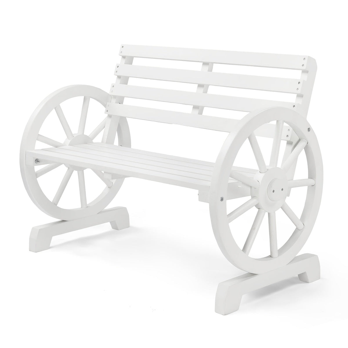 2-Person Outdoor Wooden Wagon Wheel Bench, Solid Poplar Wood Slatted Seat & Backrest, Rustic Brown Patio Bench for Garden Poolside Porch Camping Family Gatherings, Unique Farmhouse Outdoor Furniture