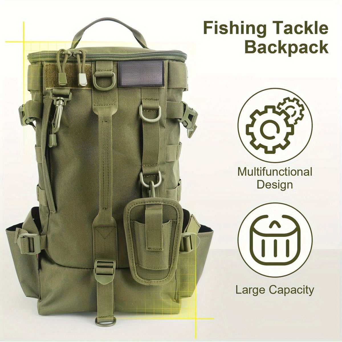 Lightweight Fishing Backpack 2-Piece Set, Waterproof Nylon Angler Daypack with Scissors Pouch, Zippered Tackle Organizer for Outdoor Hiking and Travel, Black/Army Green/Khaki