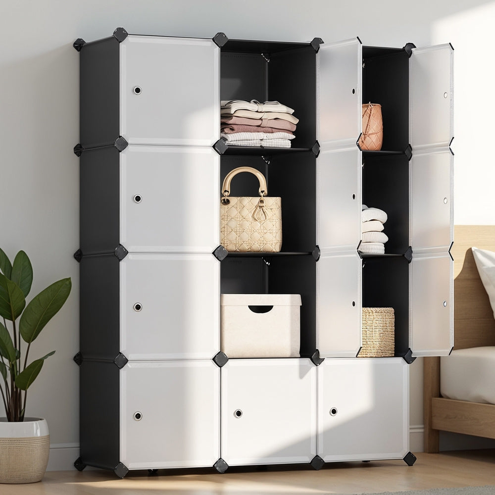 12-Cube Modular Storage Organizer with Doors DIY Closet Cabinet Waterproof Dustproof Customizable for Bedroom Living Room Clothes Books Bags Matte Black White