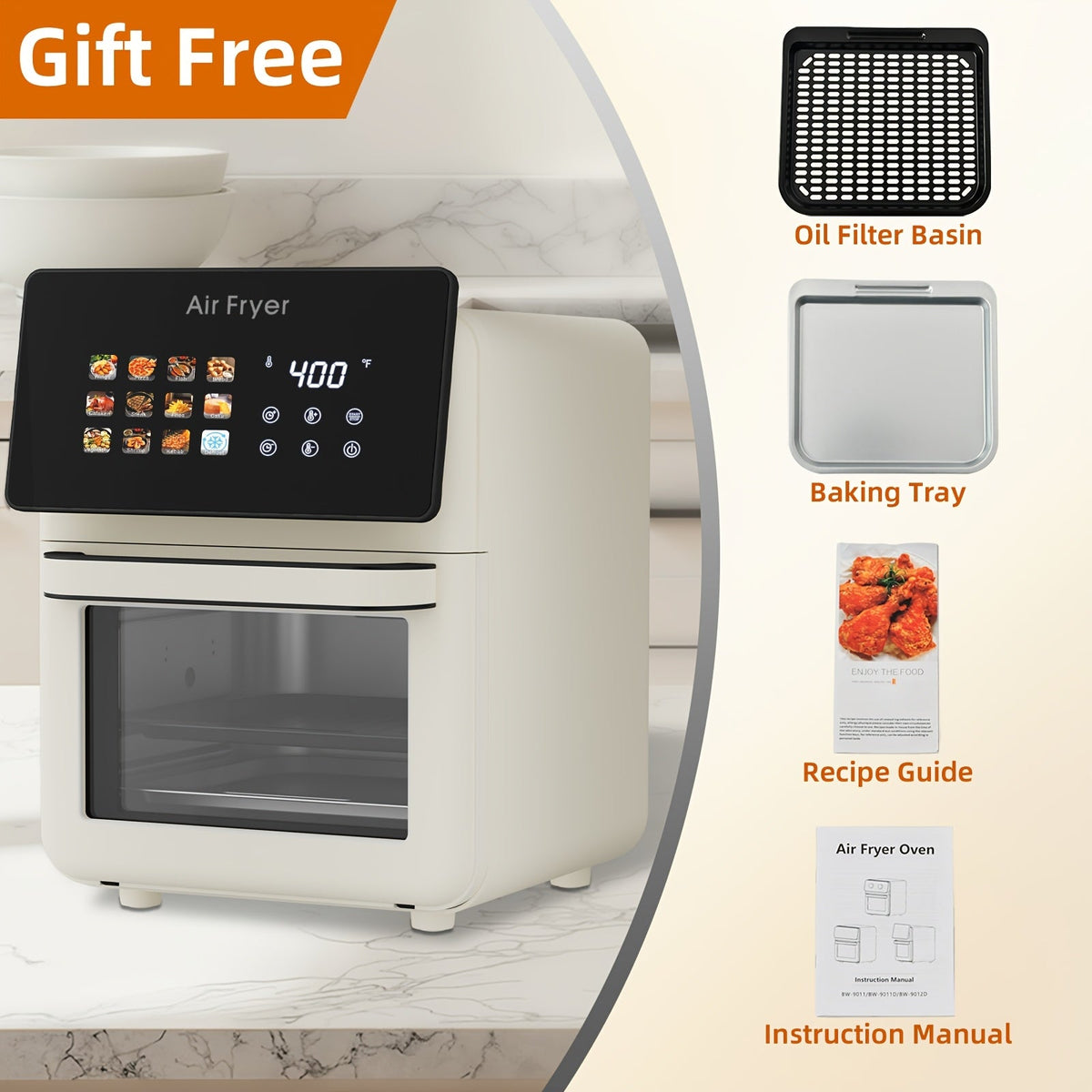 Air Fryer Oven 10Qt 12-in-1 Smart Convection – Glass View Window Nonstick Basket Touchscreen Controls for Kitchen in Cream White & Black
