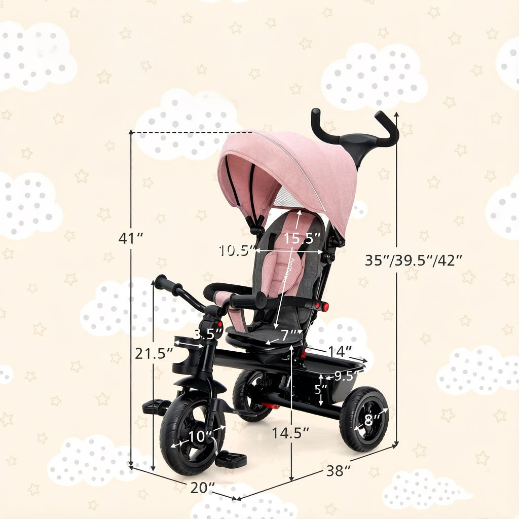 4-in-1 Toddler Tricycle with Adjustable Push Handle & Convertible Seat, Removable Canopy, Safety Harness & Storage Basket - Baby Push Trike for Kids 18 to 60 Months, Pink Ride-On Bike Gift for Girls