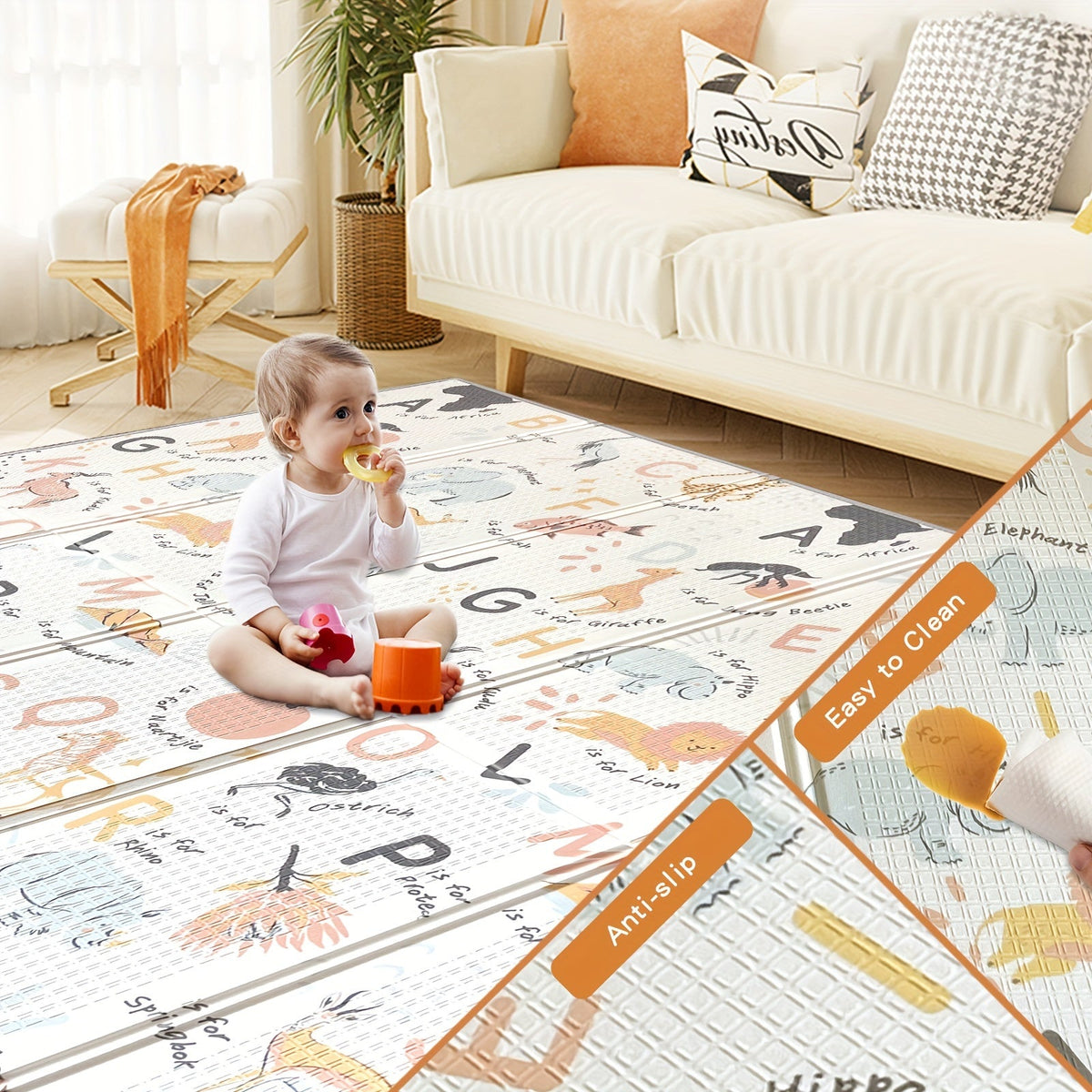 Foldable XPE Baby Play Mat, Extra Large Double-Sided Crawling Mat with Alphabet Numbers & Cartoon Animals, Minimalist Reverse Side, Safe Non-Toxic Material for Learning & Play, 2 Sizes