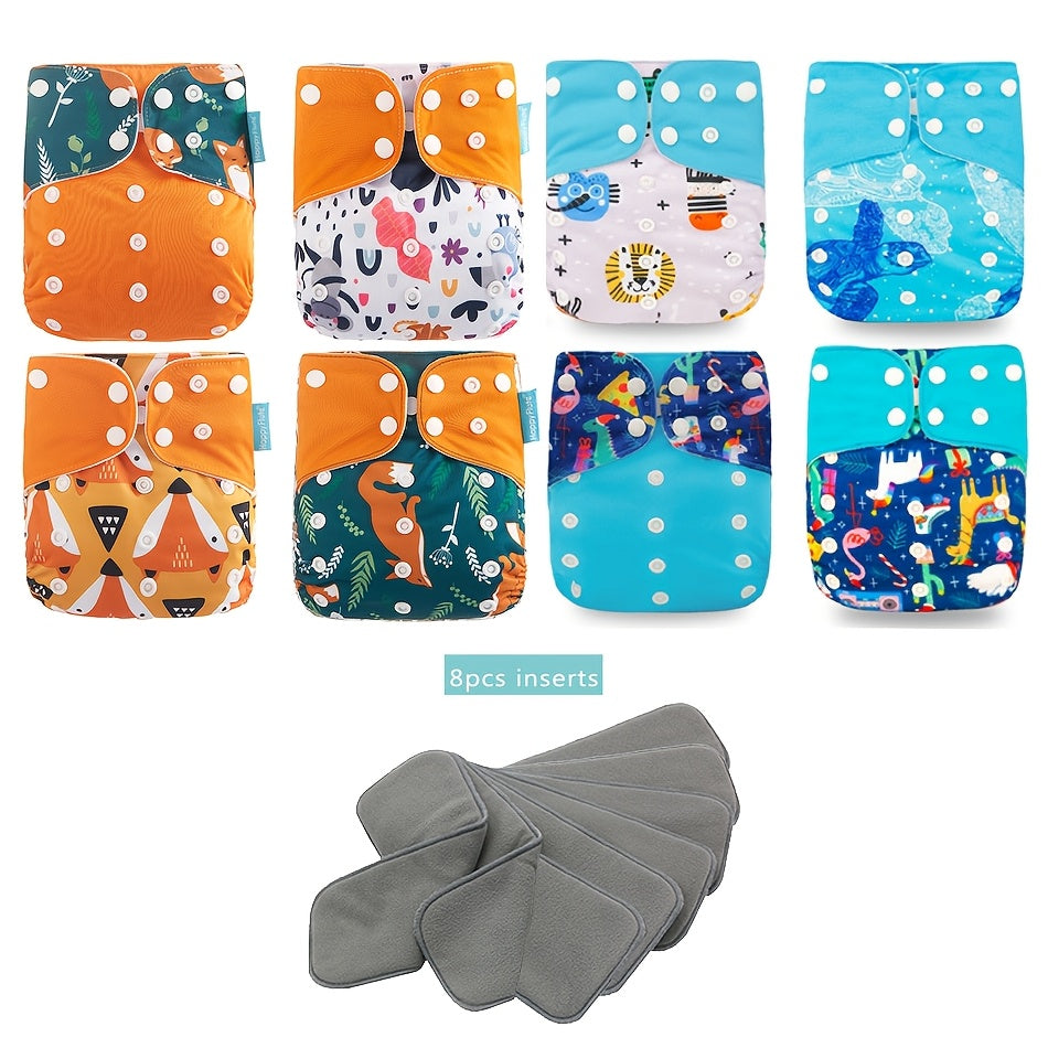 HappyFlute 8-Pack Washable Pocket Cloth Diapers + 8-Pack Inserts Set, Reusable Newborn Baby Cloth Diaper Suit, 4 Print Styles Including Fox & Whale Rainbow & Animals Love & Birds & Plain