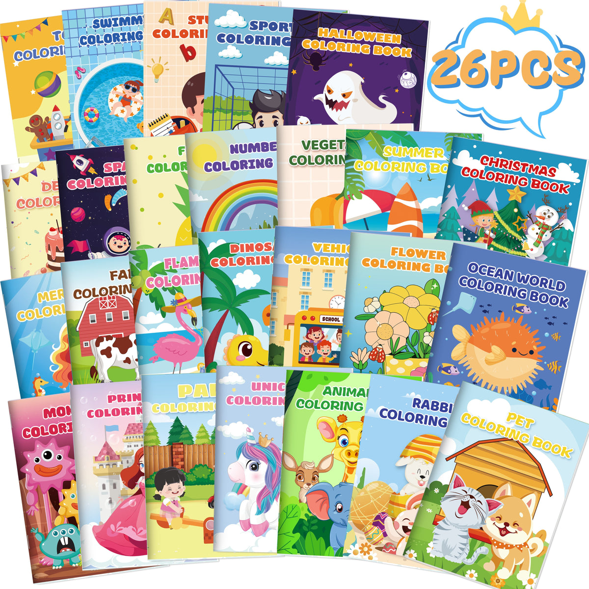 26-Pack Coloring Books for Kids Ages 3-8, Bulk Party Favors with Dinosaur, Mermaid, and Animal Designs, Classroom Goodie Bag Stuffers, Birthday Gifts, and School Activity Supplies